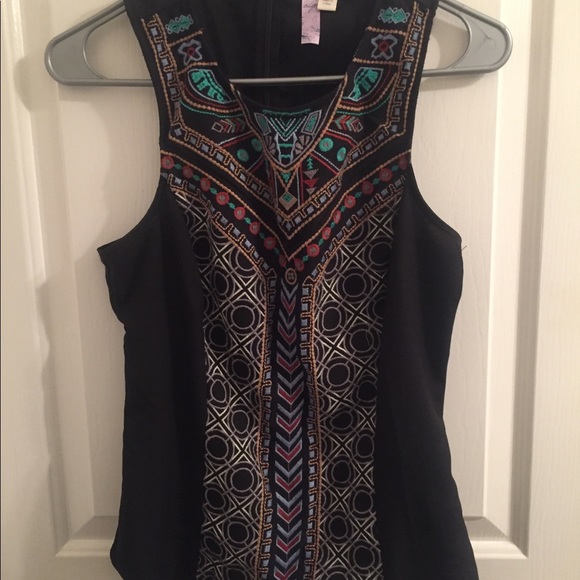 Alya Tops - Black tribal patterned tank with mesh lower back